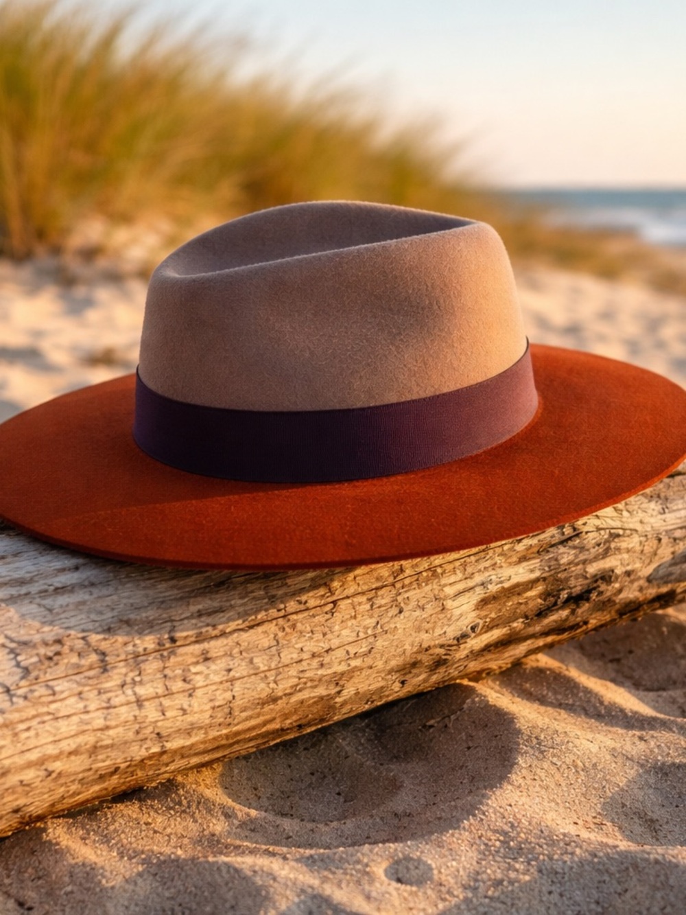 TopShop Women’s Two-Tone Felt Fedora Hat in Tan and Rust with Purple Band (L)